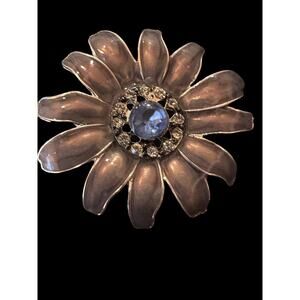 Lavendar Enamel Flower Brooch with Blue Rhinestone Center